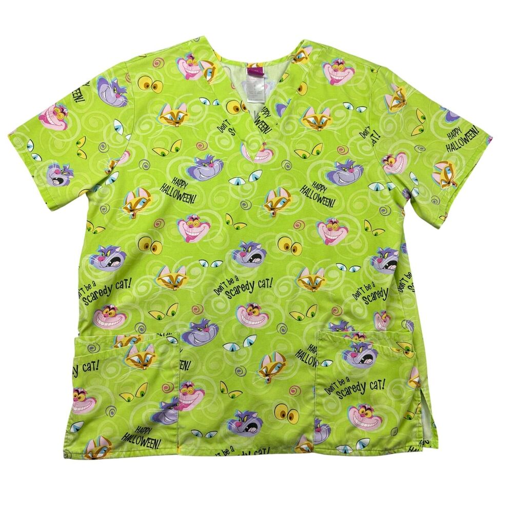 Disney Scrub Top Women's Large Cheshire Cat Halloween Short Sleeve Front Pockets